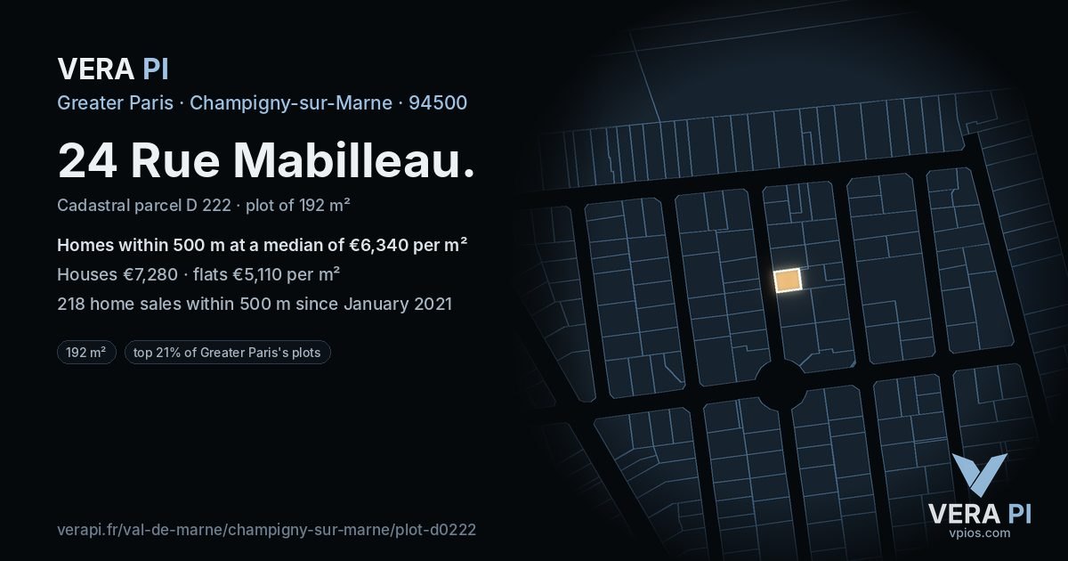 24 Rue Mabilleau, Champigny-sur-Marne at night – the plot lit, the parcels around coloured by the prices near them