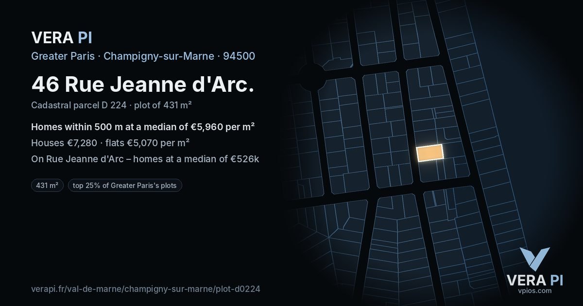 46 Rue Jeanne d'Arc, Champigny-sur-Marne at night – the plot lit, the parcels around coloured by the prices near them