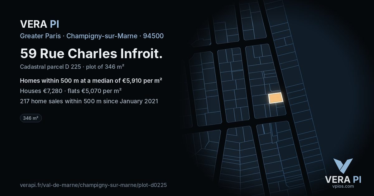 59 Rue Charles Infroit, Champigny-sur-Marne at night – the plot lit, the parcels around coloured by the prices near them