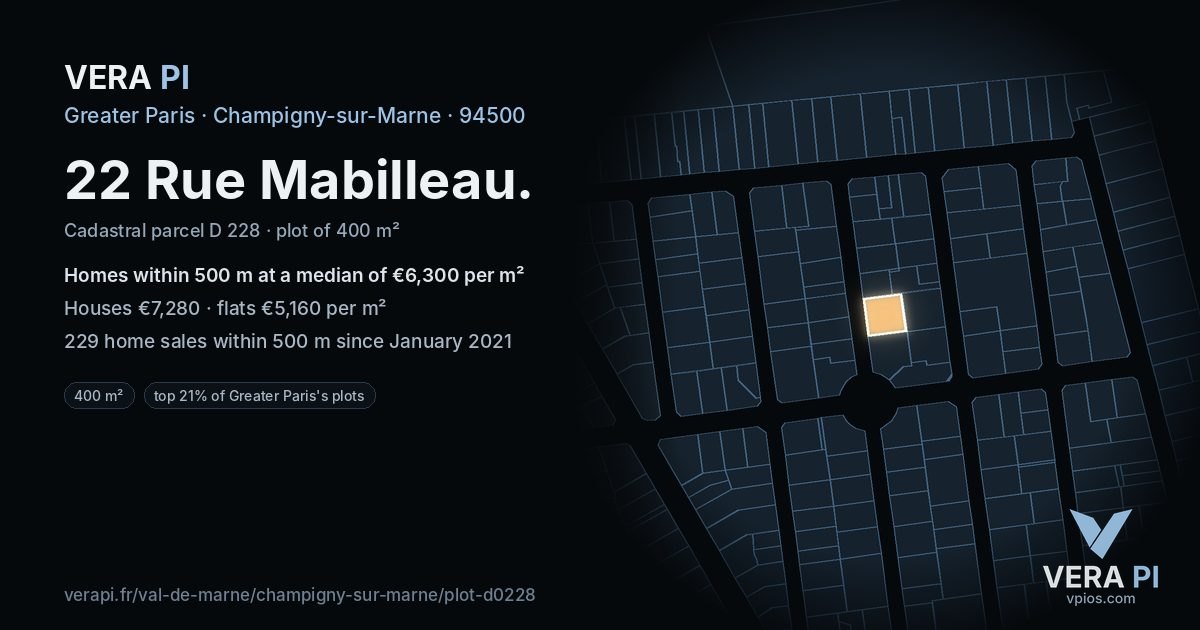 22 Rue Mabilleau, Champigny-sur-Marne at night – the plot lit, the parcels around coloured by the prices near them