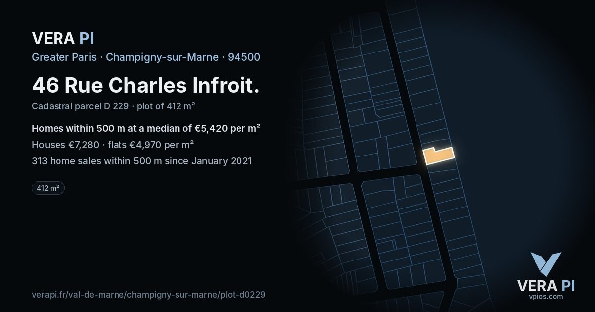 46 Rue Charles Infroit, Champigny-sur-Marne at night – the plot lit, the parcels around coloured by the prices near them