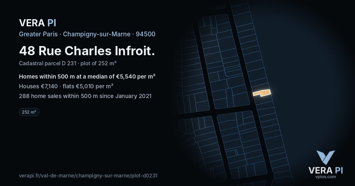 48 Rue Charles Infroit, Champigny-sur-Marne at night – the plot lit, the parcels around coloured by the prices near them