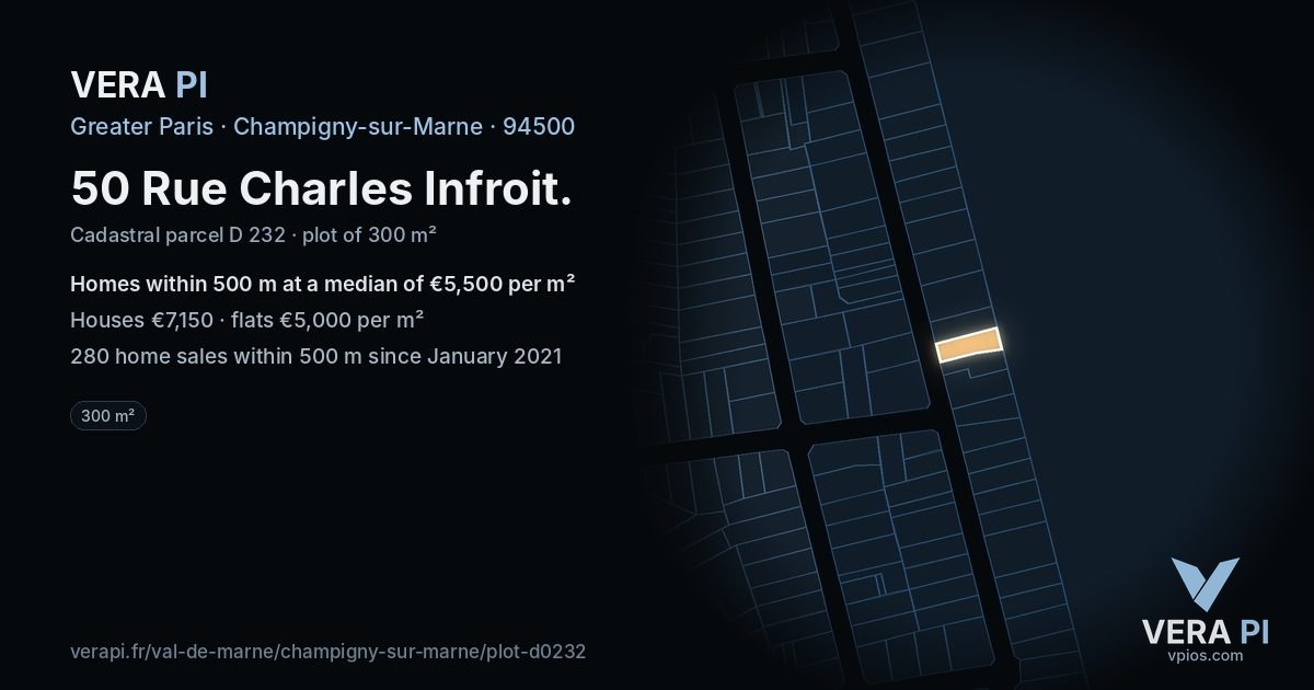50 Rue Charles Infroit, Champigny-sur-Marne at night – the plot lit, the parcels around coloured by the prices near them