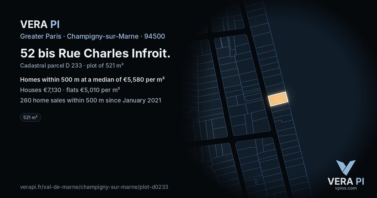 52 bis Rue Charles Infroit, Champigny-sur-Marne at night – the plot lit, the parcels around coloured by the prices near them