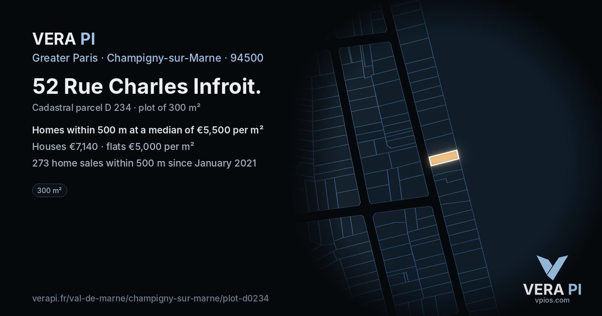 52 Rue Charles Infroit, Champigny-sur-Marne at night – the plot lit, the parcels around coloured by the prices near them