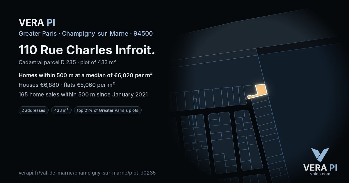 110 Rue Charles Infroit, Champigny-sur-Marne at night – the plot lit, the parcels around coloured by the prices near them