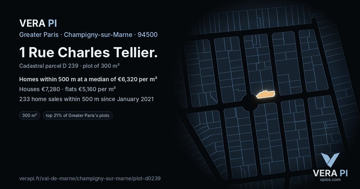 1 Rue Charles Tellier, Champigny-sur-Marne at night – the plot lit, the parcels around coloured by the prices near them