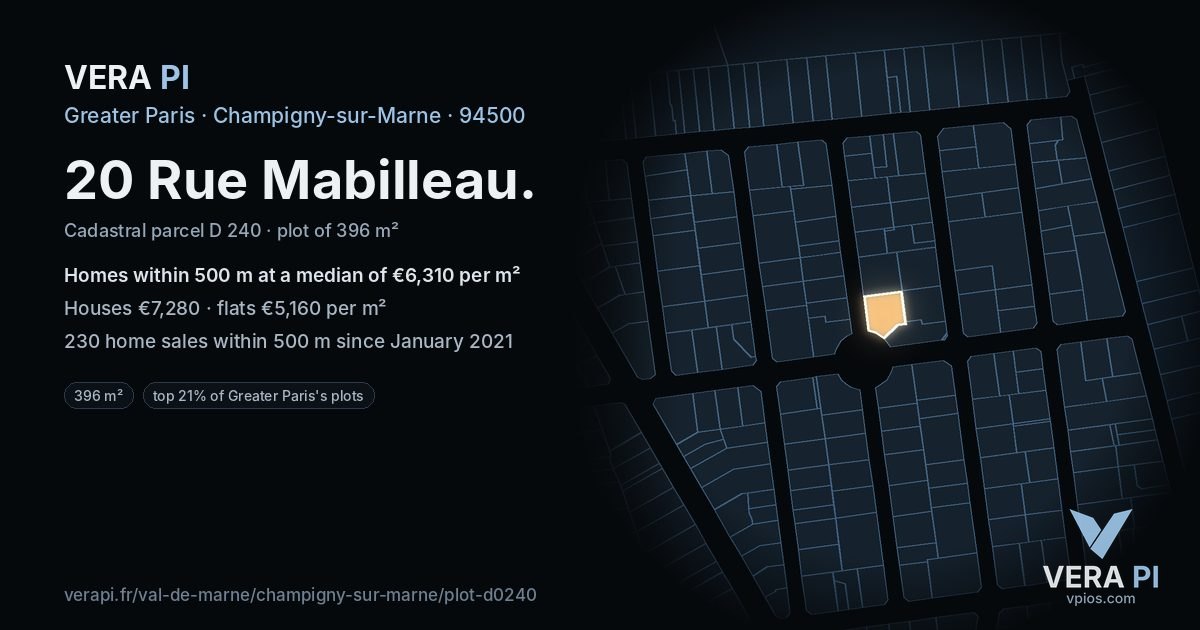 20 Rue Mabilleau, Champigny-sur-Marne at night – the plot lit, the parcels around coloured by the prices near them