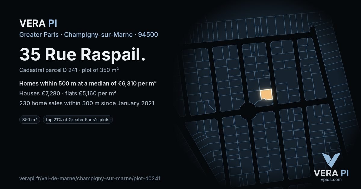 35 Rue Raspail, Champigny-sur-Marne at night – the plot lit, the parcels around coloured by the prices near them