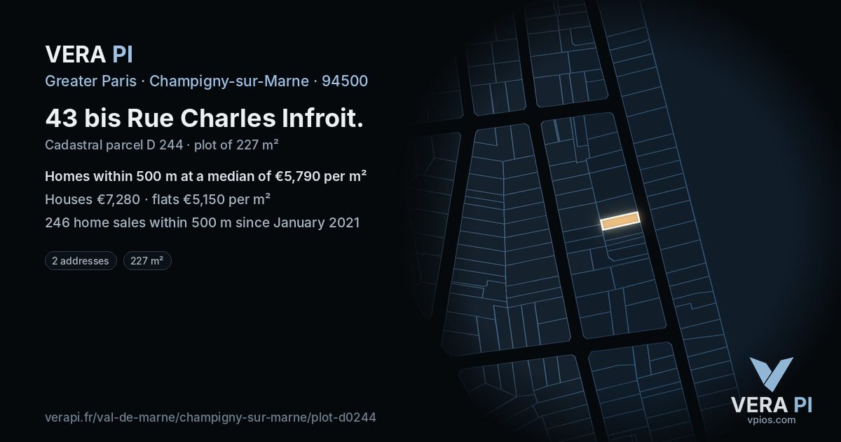 43 bis Rue Charles Infroit, Champigny-sur-Marne at night – the plot lit, the parcels around coloured by the prices near them