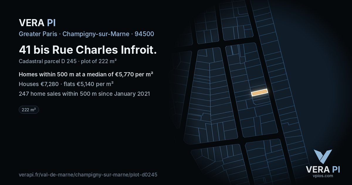 41 bis Rue Charles Infroit, Champigny-sur-Marne at night – the plot lit, the parcels around coloured by the prices near them