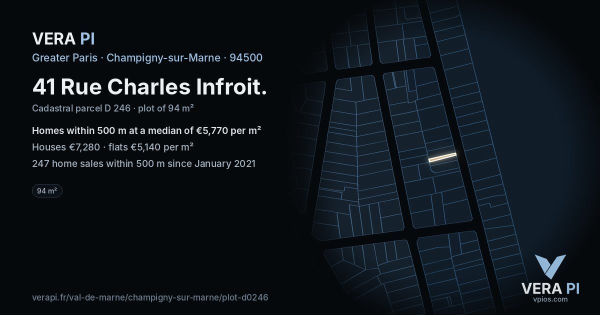 41 Rue Charles Infroit, Champigny-sur-Marne at night – the plot lit, the parcels around coloured by the prices near them