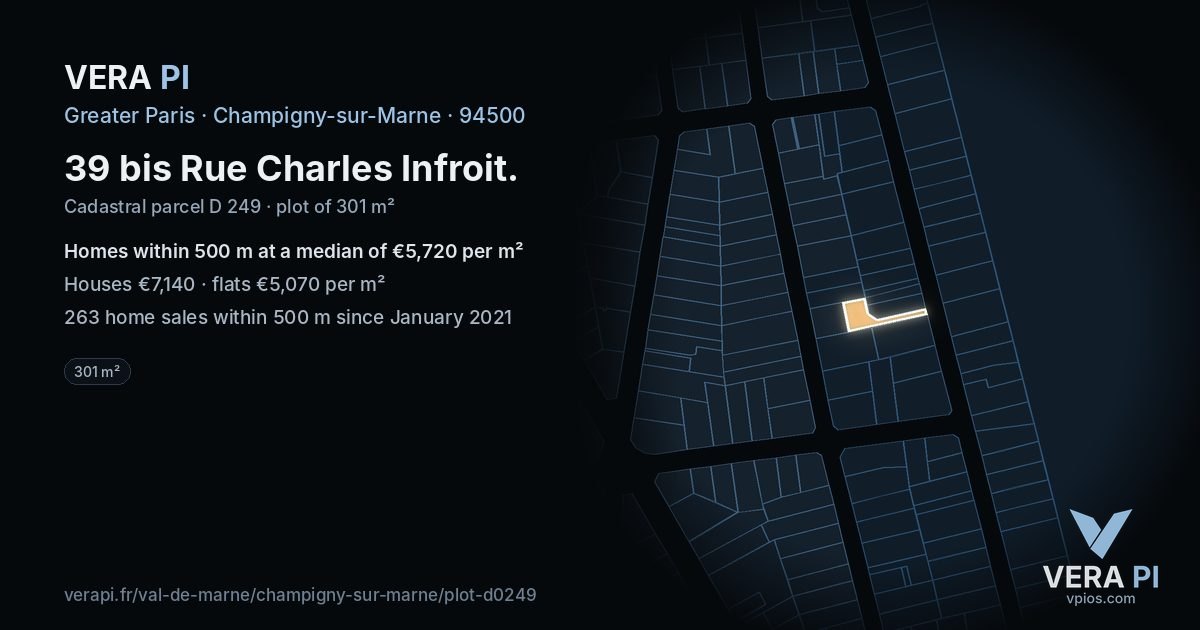 39 bis Rue Charles Infroit, Champigny-sur-Marne at night – the plot lit, the parcels around coloured by the prices near them