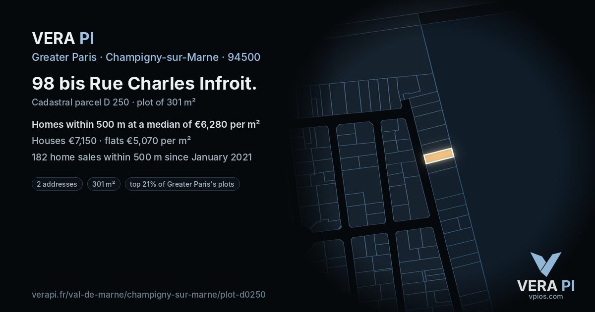 98 bis Rue Charles Infroit, Champigny-sur-Marne at night – the plot lit, the parcels around coloured by the prices near them