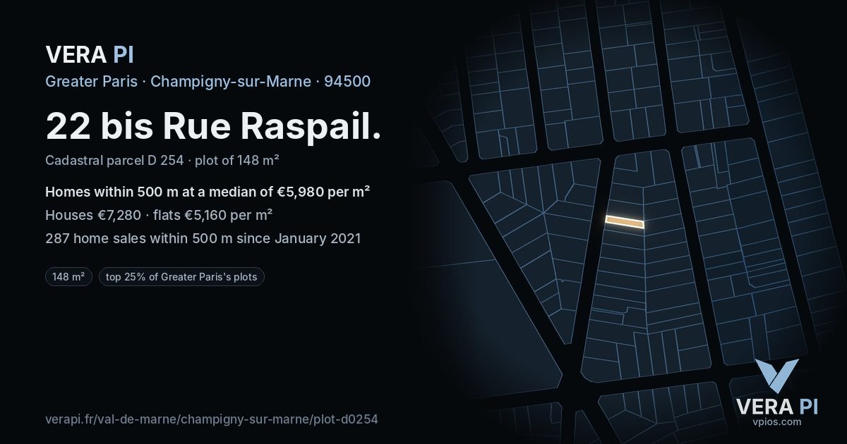 22 bis Rue Raspail, Champigny-sur-Marne at night – the plot lit, the parcels around coloured by the prices near them