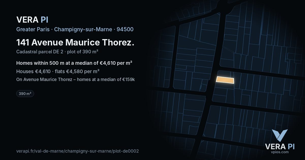 141 Avenue Maurice Thorez, Champigny-sur-Marne at night – the plot lit, the parcels around coloured by the prices near them