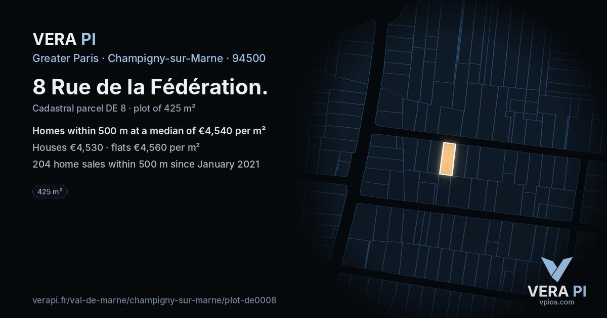 8 Rue de la Fédération, Champigny-sur-Marne at night – the plot lit, the parcels around coloured by the prices near them