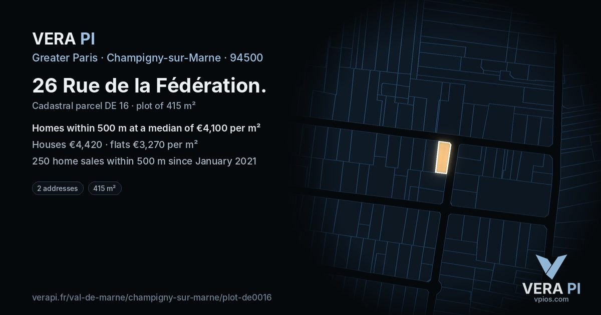 26 Rue de la Fédération, Champigny-sur-Marne at night – the plot lit, the parcels around coloured by the prices near them
