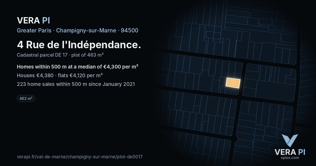 4 Rue de l'Indépendance, Champigny-sur-Marne at night – the plot lit, the parcels around coloured by the prices near them