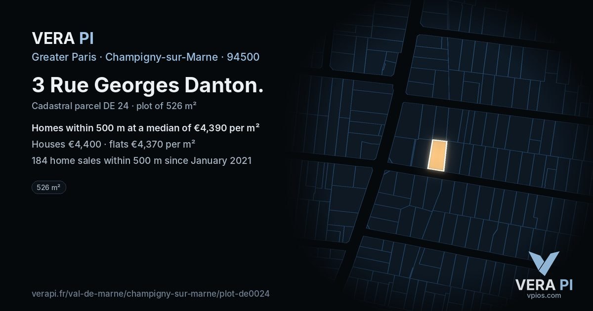 3 Rue Georges Danton, Champigny-sur-Marne at night – the plot lit, the parcels around coloured by the prices near them
