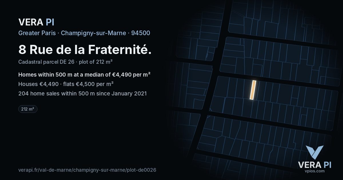 8 Rue de la Fraternité, Champigny-sur-Marne at night – the plot lit, the parcels around coloured by the prices near them