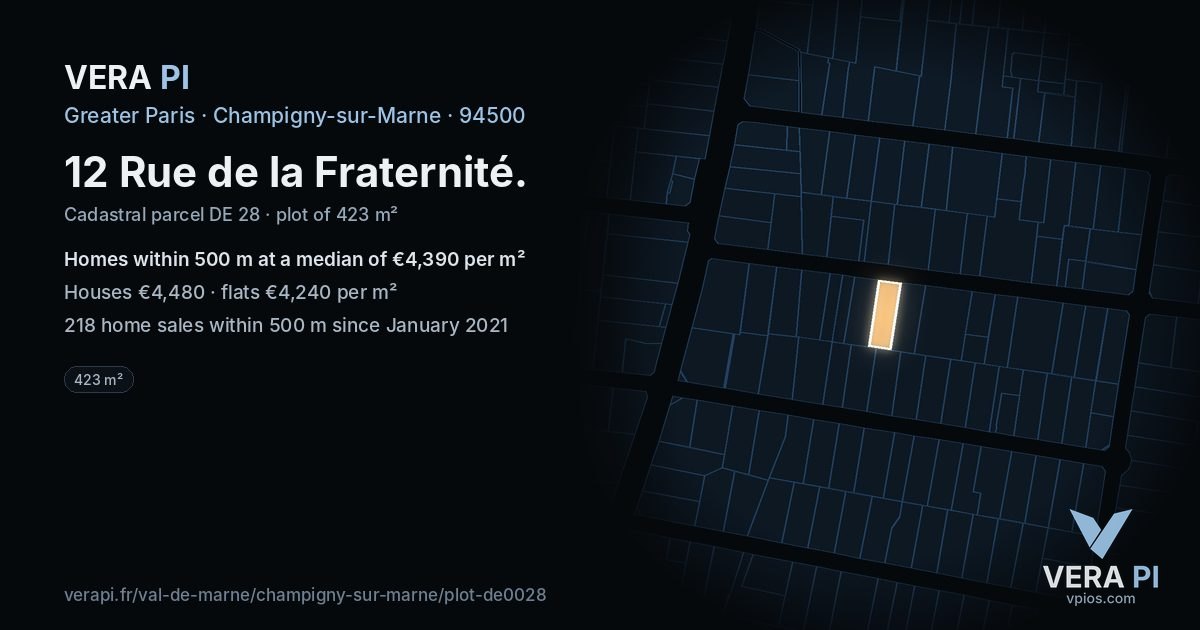 12 Rue de la Fraternité, Champigny-sur-Marne at night – the plot lit, the parcels around coloured by the prices near them