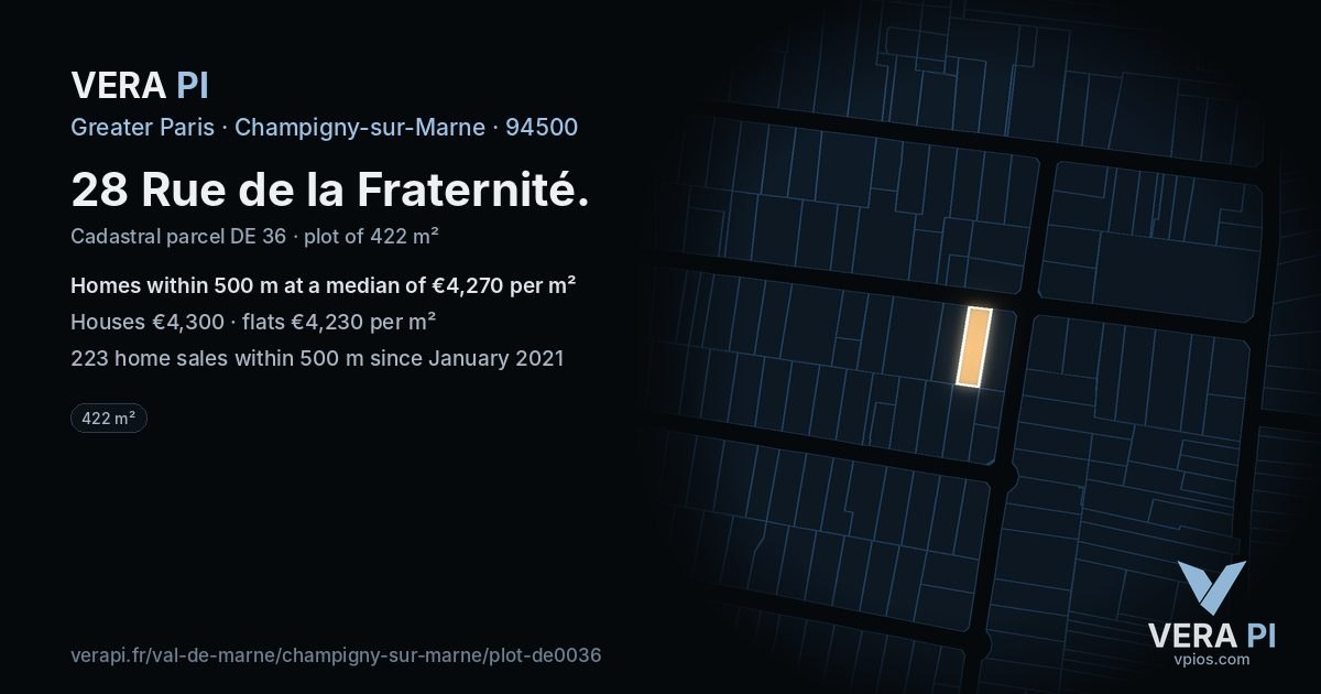 28 Rue de la Fraternité, Champigny-sur-Marne at night – the plot lit, the parcels around coloured by the prices near them
