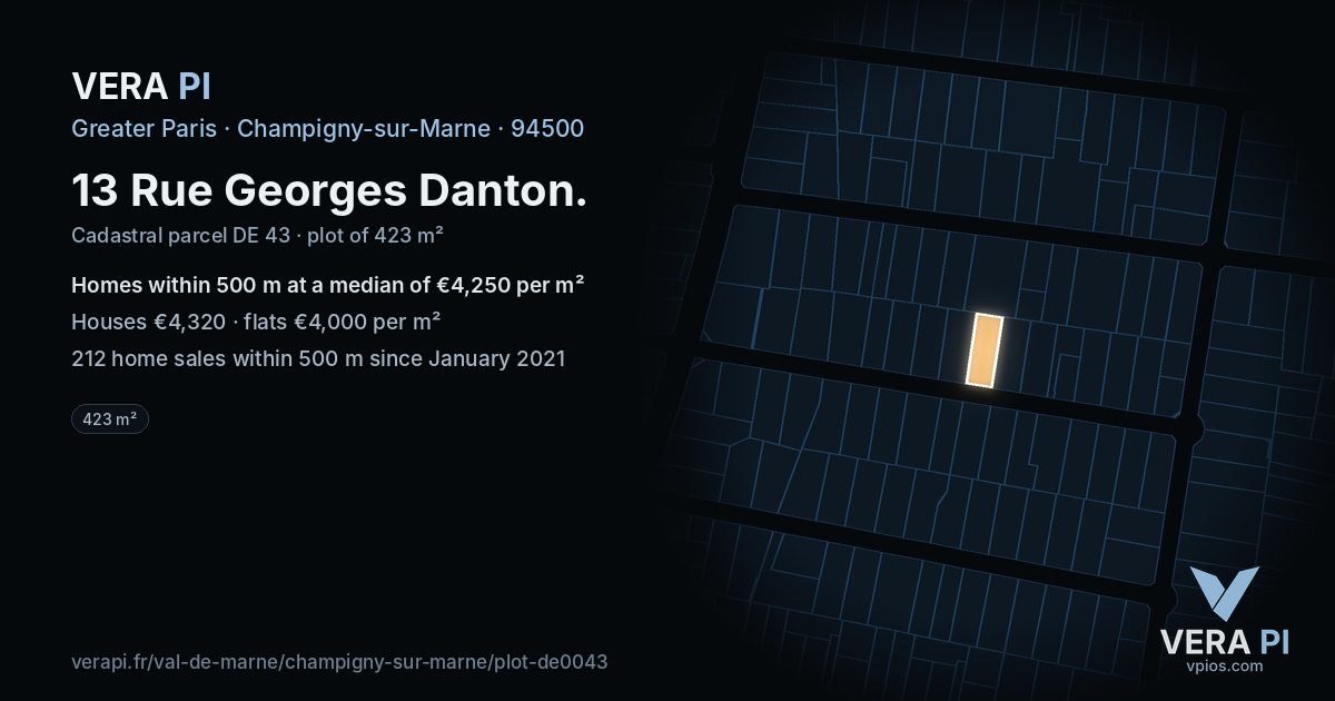 13 Rue Georges Danton, Champigny-sur-Marne at night – the plot lit, the parcels around coloured by the prices near them