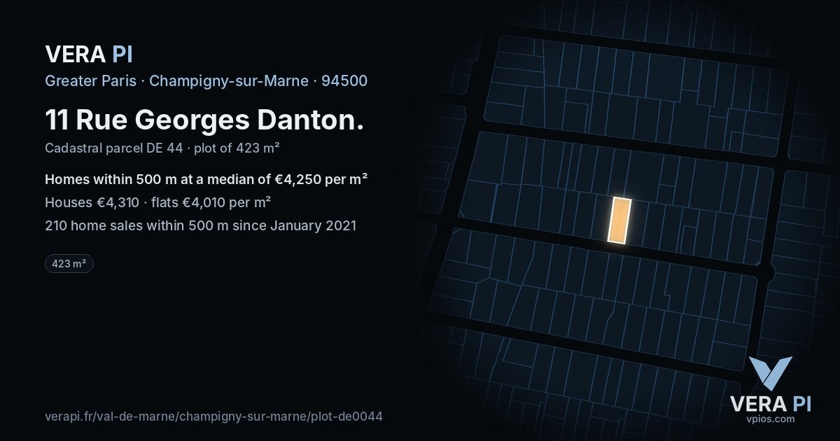11 Rue Georges Danton, Champigny-sur-Marne at night – the plot lit, the parcels around coloured by the prices near them