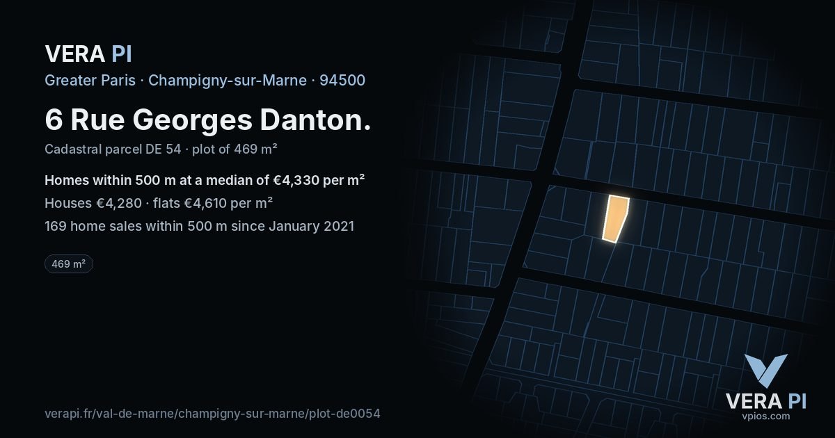 6 Rue Georges Danton, Champigny-sur-Marne at night – the plot lit, the parcels around coloured by the prices near them
