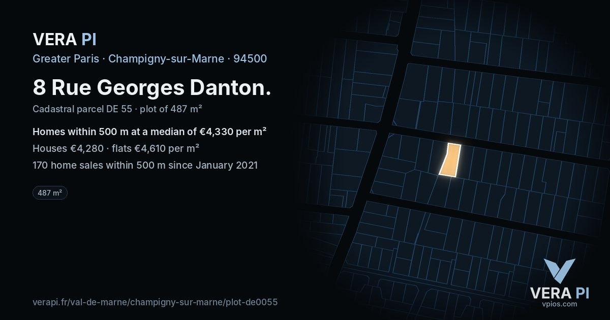 8 Rue Georges Danton, Champigny-sur-Marne at night – the plot lit, the parcels around coloured by the prices near them