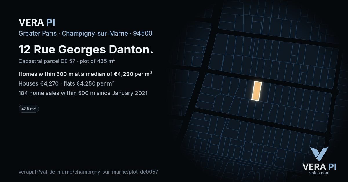 12 Rue Georges Danton, Champigny-sur-Marne at night – the plot lit, the parcels around coloured by the prices near them