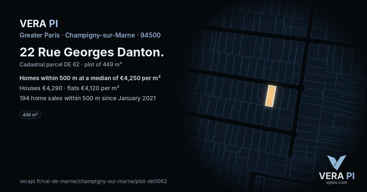 22 Rue Georges Danton, Champigny-sur-Marne at night – the plot lit, the parcels around coloured by the prices near them