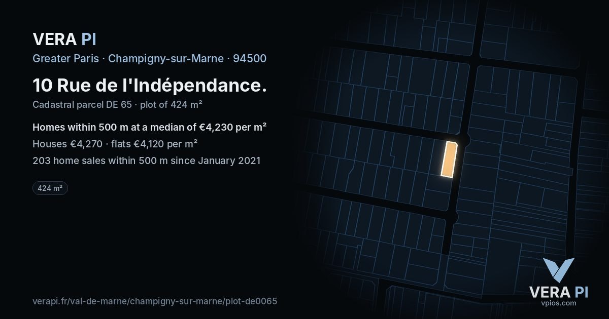 10 Rue de l'Indépendance, Champigny-sur-Marne at night – the plot lit, the parcels around coloured by the prices near them