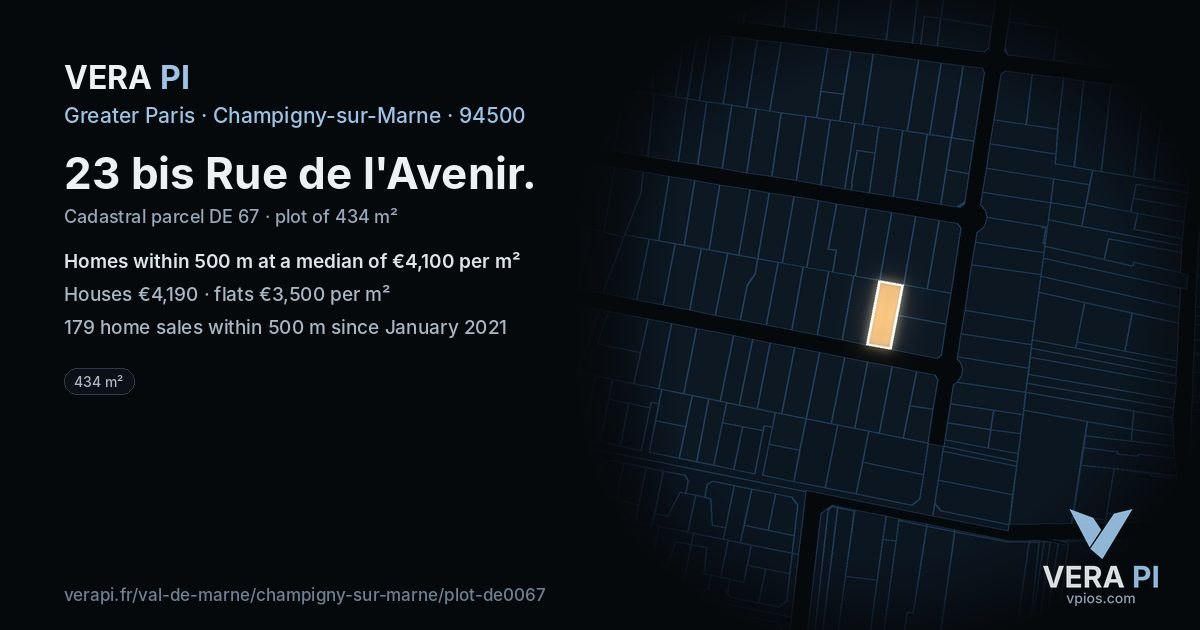 23 bis Rue de l'Avenir, Champigny-sur-Marne at night – the plot lit, the parcels around coloured by the prices near them