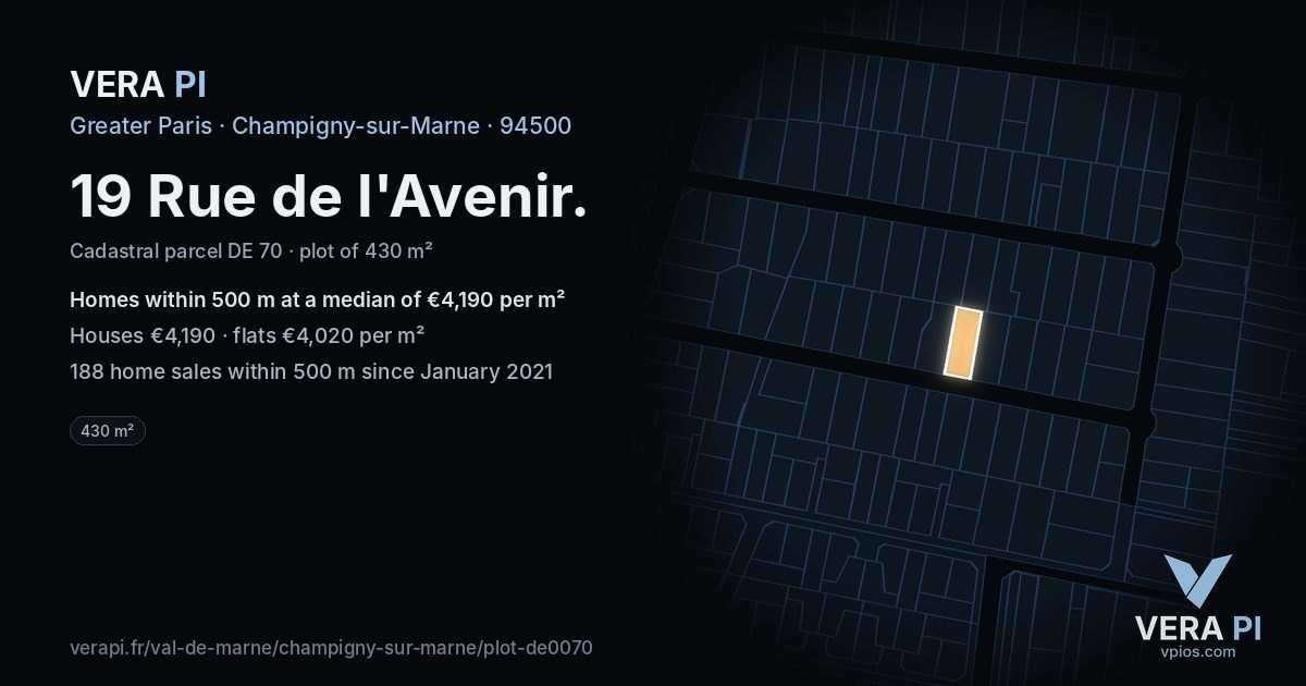 19 Rue de l'Avenir, Champigny-sur-Marne at night – the plot lit, the parcels around coloured by the prices near them