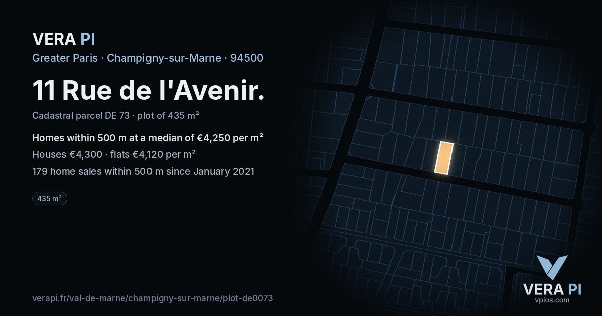 11 Rue de l'Avenir, Champigny-sur-Marne at night – the plot lit, the parcels around coloured by the prices near them