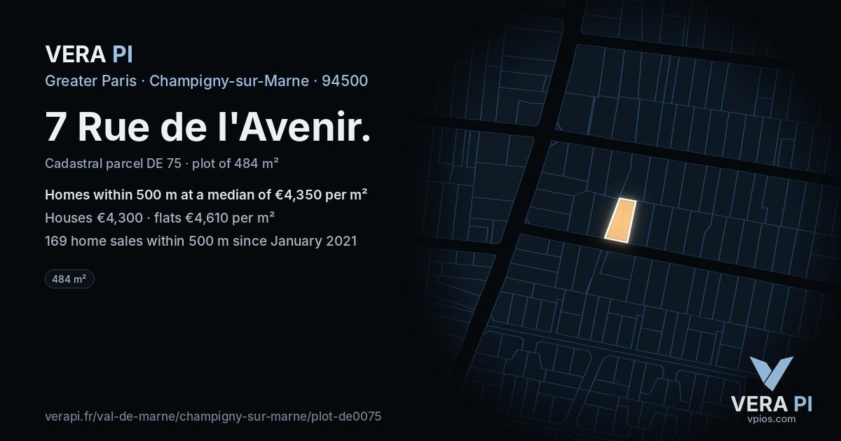 7 Rue de l'Avenir, Champigny-sur-Marne at night – the plot lit, the parcels around coloured by the prices near them