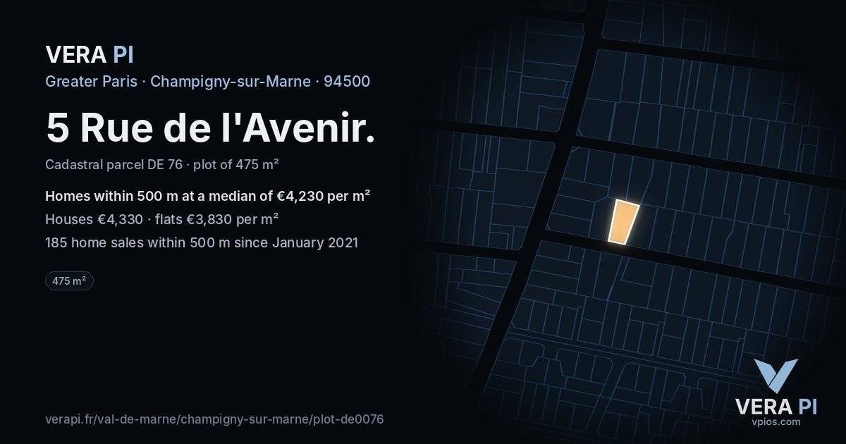 5 Rue de l'Avenir, Champigny-sur-Marne at night – the plot lit, the parcels around coloured by the prices near them