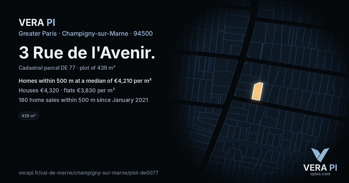 3 Rue de l'Avenir, Champigny-sur-Marne at night – the plot lit, the parcels around coloured by the prices near them