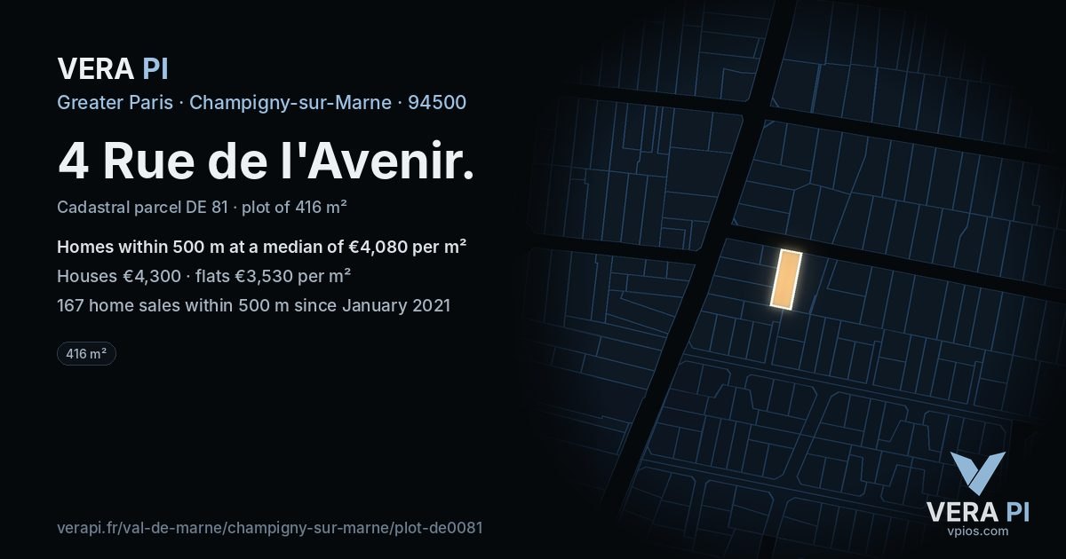 4 Rue de l'Avenir, Champigny-sur-Marne at night – the plot lit, the parcels around coloured by the prices near them