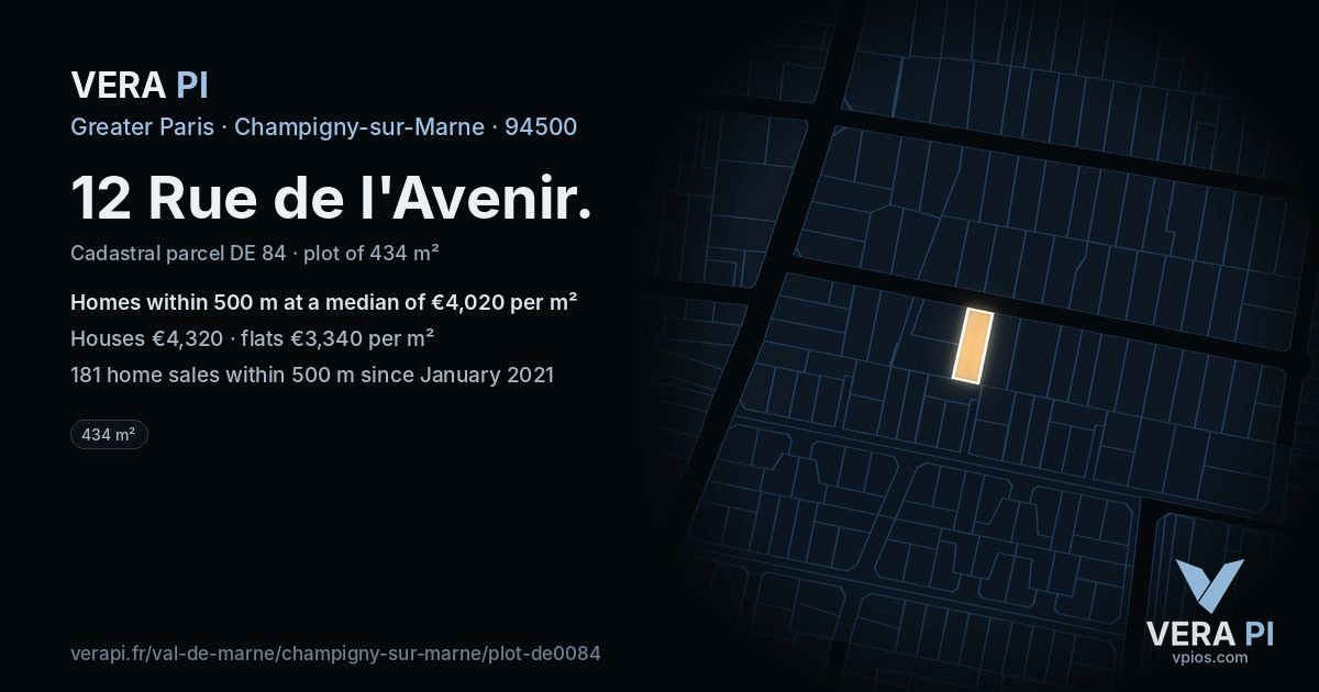 12 Rue de l'Avenir, Champigny-sur-Marne at night – the plot lit, the parcels around coloured by the prices near them