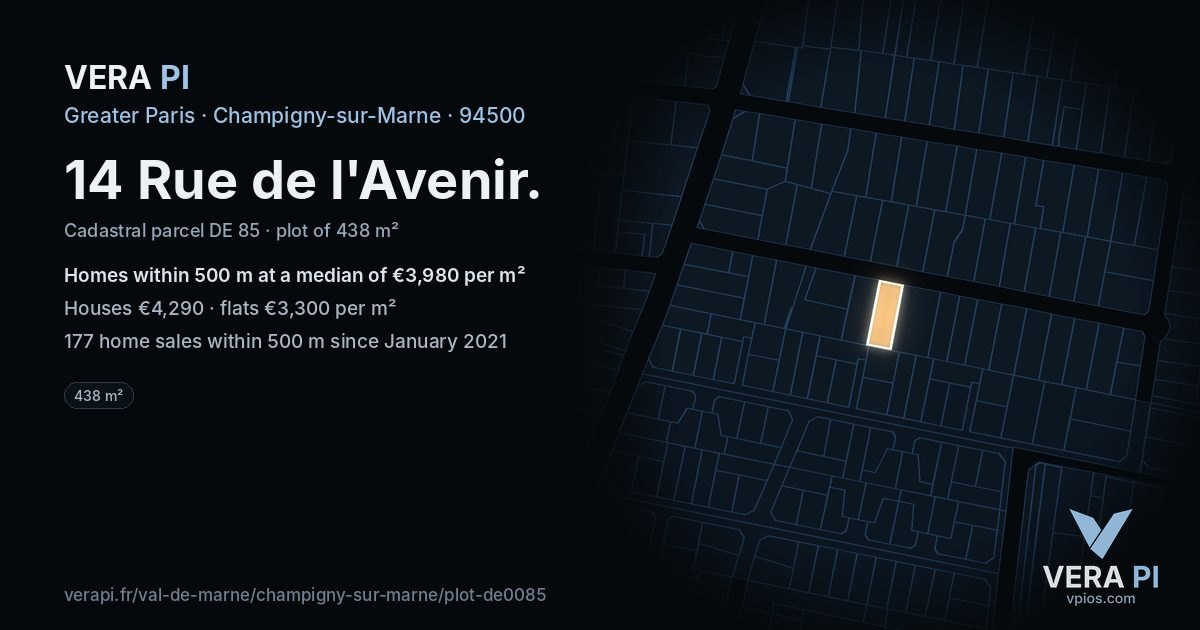 14 Rue de l'Avenir, Champigny-sur-Marne at night – the plot lit, the parcels around coloured by the prices near them
