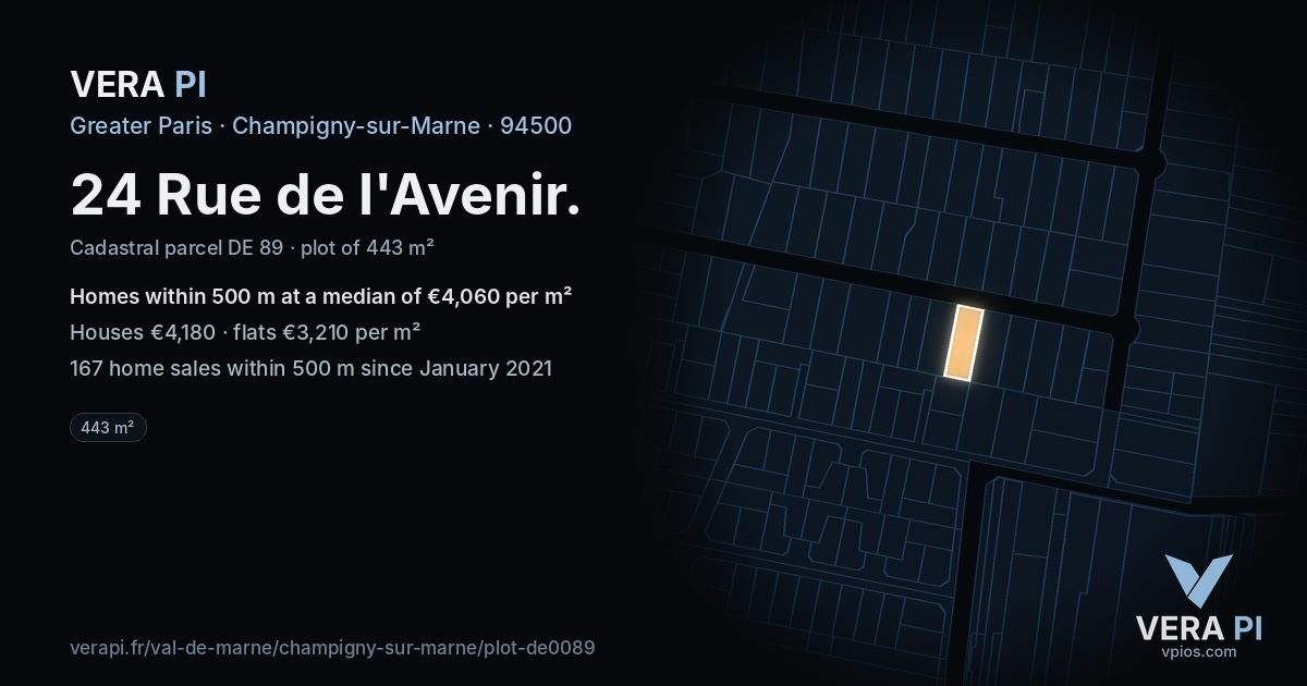 24 Rue de l'Avenir, Champigny-sur-Marne at night – the plot lit, the parcels around coloured by the prices near them