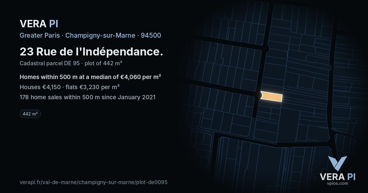 23 Rue de l'Indépendance, Champigny-sur-Marne at night – the plot lit, the parcels around coloured by the prices near them
