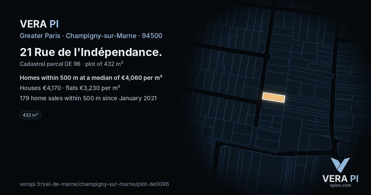 21 Rue de l'Indépendance, Champigny-sur-Marne at night – the plot lit, the parcels around coloured by the prices near them