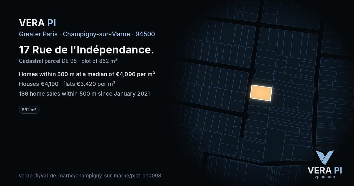17 Rue de l'Indépendance, Champigny-sur-Marne at night – the plot lit, the parcels around coloured by the prices near them