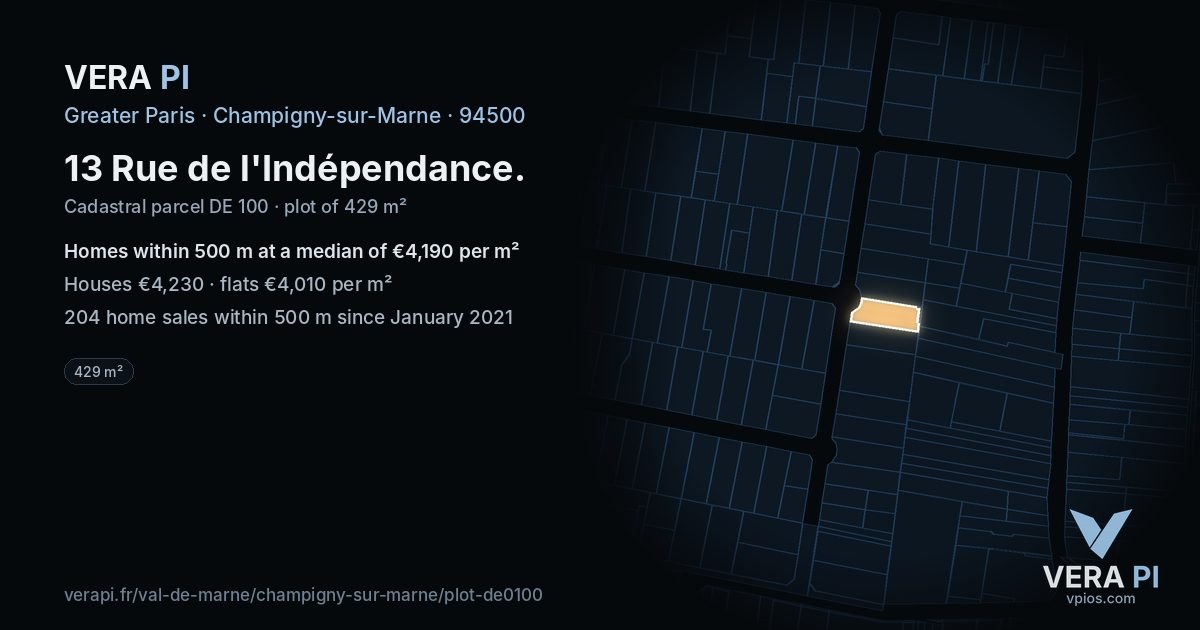 13 Rue de l'Indépendance, Champigny-sur-Marne at night – the plot lit, the parcels around coloured by the prices near them