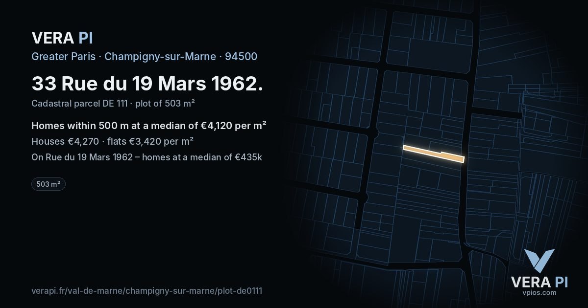 33 Rue du 19 Mars 1962, Champigny-sur-Marne at night – the plot lit, the parcels around coloured by the prices near them