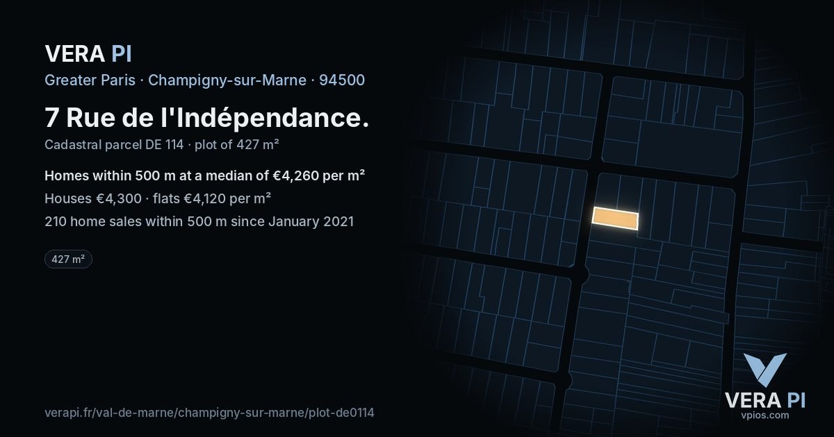 7 Rue de l'Indépendance, Champigny-sur-Marne at night – the plot lit, the parcels around coloured by the prices near them